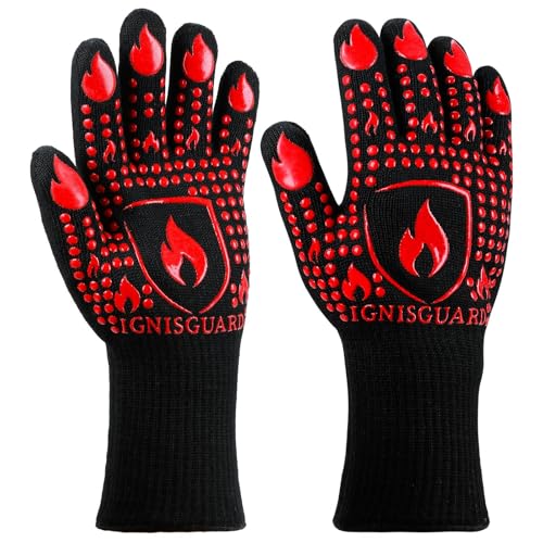 IGNISGUARD BBQ & Grill Gloves, Oven Gloves, 1472°F Silicone Oven Mitts Heat Resistant Grilling Gloves Fireproof Non-Slip for Barbecue Cooking Baking Smoking, 1-Pair Red（L）