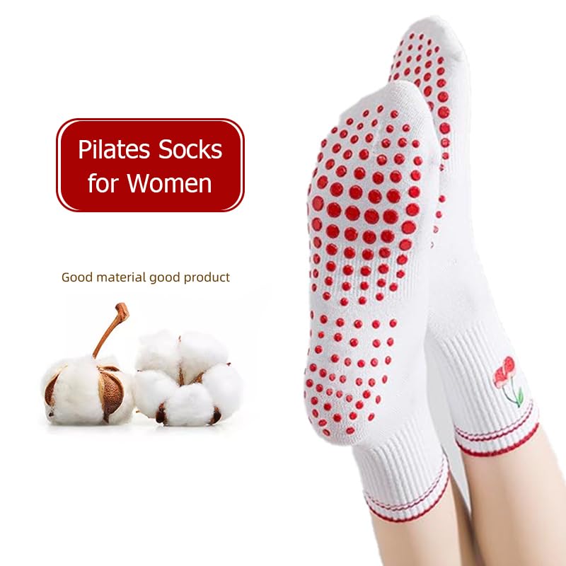 Cute Pilates Socks for Women Grip Crew Yoga Socks Embroidery Cherry Pattern Workout Ballet Sticky Athletic Slipper Sock Non Slip Cotton Crew Sock for Yoga Barre Dance House Hospital3