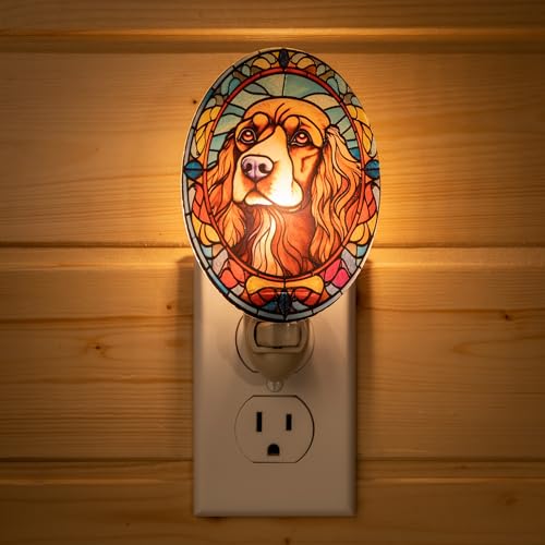 Image of Dog Night Light Cavalier King Charles Spaniel Stained Glass Style Pet Decor for Dog Lovers Plug in Wall Animal Nightlight for Bathroom Bedroom Hallway Gift