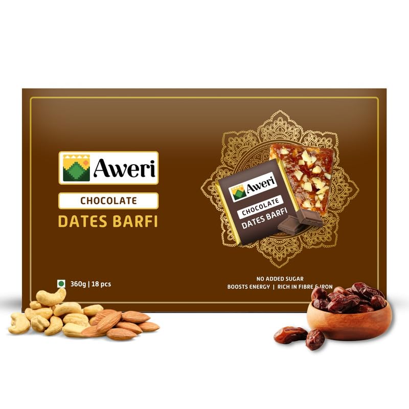Sponsored Ad - Aweri Cocoa Dates Barfi 360g No Added Sugar Healthy Date Bite | Dry Fruit Barfi | Dates, Almonds, Cashews, Ghee | Cocoa Barfi | Indian Sweet Mithai Gift Pack | Khajoor Barfi | Date Chikki