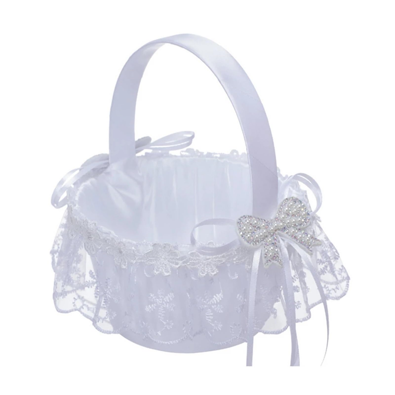 Wedding Petal Confetti Basket, Wedding Flower Basket White Bow Tie Satin Picnic 7.5x6x6 inches Handheld Photo Prop(White3)