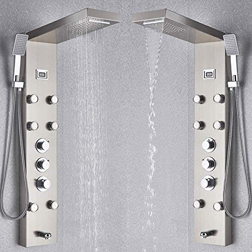 Columna de ducha termostática con panel de lluvia, duchador de mano y chorros de masaje, salida para bañera, montaje en pared, latón cepillado miniatura 6