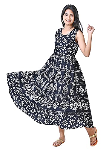 Image of Women's Cotton Printed Traditional Long Midi Maxi Kurti /One Piece Dress (Black Flower)