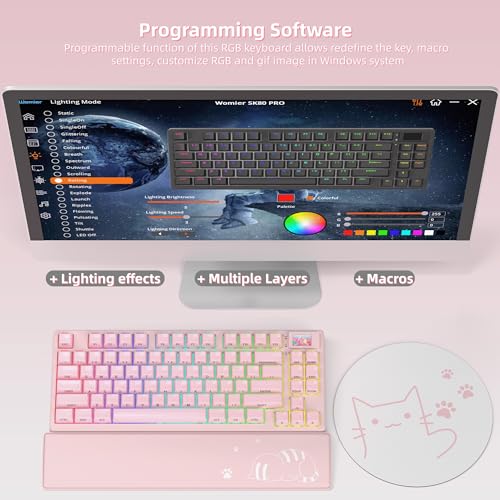 Image of Womier 75% Pink Keyboard Wireless with Color Multimedia Screen | Creamy Mechanical Gaming Keyboard, 3-Modes Hot Swap Cute Key Board w /Wrist Rest, Gasket RGB Custom for Mac /Win (SK80 PRO)