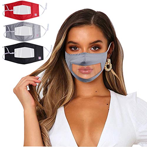 Jamicy 3 Stück Lippen Mundschutz mit Fenster Transparent Schutzvisier, face Cover transparent gesichtsschutzschild Kunststoff Waschbar Staub mundschutz Wiederverwendbare für Erwachsene