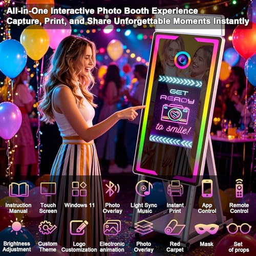 Image of Magic Mirror Photo Booth with Printer 45-22 inch Touch Screen DSLR Photo Booth with RGB Light Instant Printing and Sharing Professional PhotoBooth for Party (White-2)