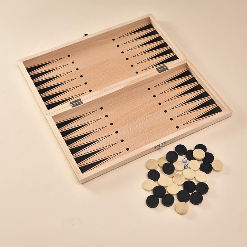 echiquier 3-in-1 Chess Checkers Draughts Backgammon Set Folding Wooden Chess Board Portable for Kids and Adults echecs Jeu(34 * 34cm)