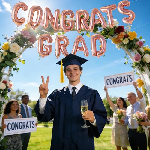 Image of Congrats Grad Balloon Banner, Congratulations Balloons for Graduation Party Decorations 2026, Rose Gold