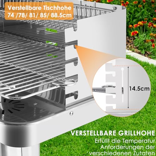 Holzkohlegrill edelstahl,Säulengrill,BBQ-Grill für Camping, Strand, Garten, Party,inkl 5-fach höhenverstellbarem Grillrost, Lüftungsregler,Aufbewahrungskorb, und Aschekasten, 57 * 38 * 89.5cm – Bild 4