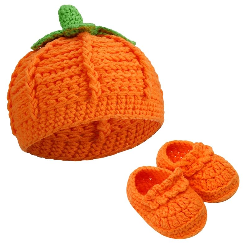 XINRUI Baby Toddler Knitted Pumpkin Hat and Booties Set for Halloween, Thanksgiving, Newborn Photography - 0-12 Month, Orange