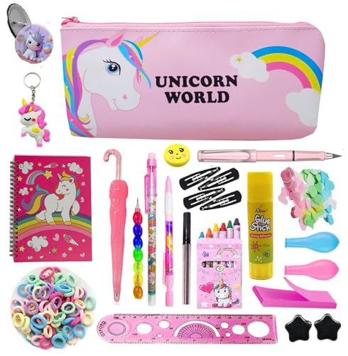 Image of 20pcs Jumbo Stationery Kit for Kids, Unicorn Theme Stationery Set, All Stationery for Girls Unicorn Pencil Pouch with Diary, Pens, Pencils, Magnet, Notes Etc Birthday Return Gift Party Favors (pink)