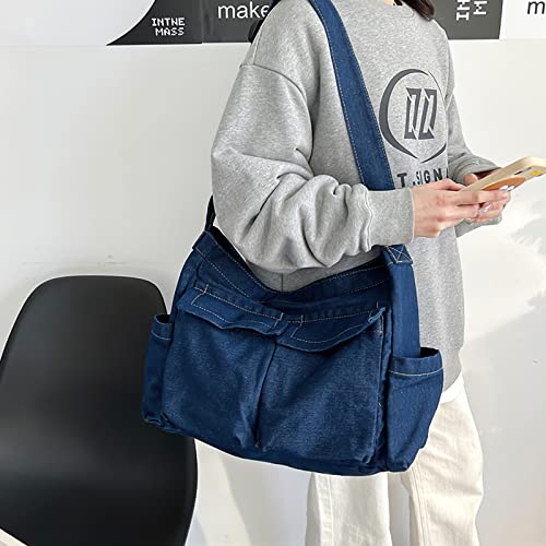 Image of LassZone Canvas Messenger Bag Large Crossbody Bag Hobo Shoulder Handbags Multi Pocket Denim Tote Bag for Women or Men