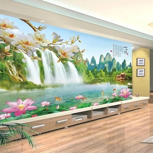 WEITAOSM Mural de paisaje de pez de loto con cascada de montaña verde pintado a mano tridimensional 3D para sala de estar, dormitorio, TV, sofá, fondo, arte de pared