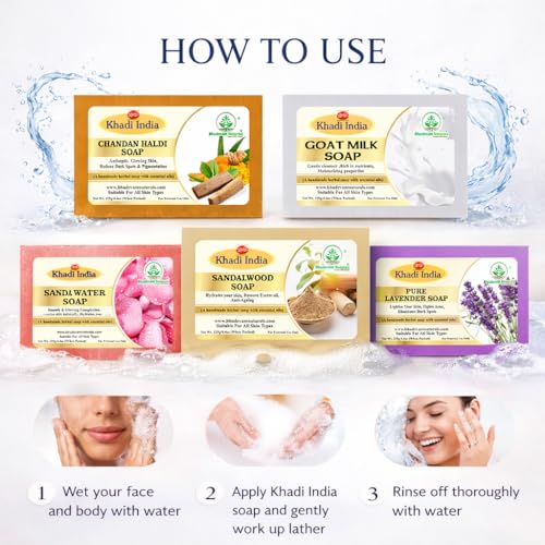 Image of Khadi Organic and Natural Handmade Bathing Soap for Men & Women By Bhudevam Naturals | Assorted Herbal & Chemical-Free Face and Body Soap for Gentle Cleansing & Healthy Skin (Mixed Bar Soap (Pack of 5))
