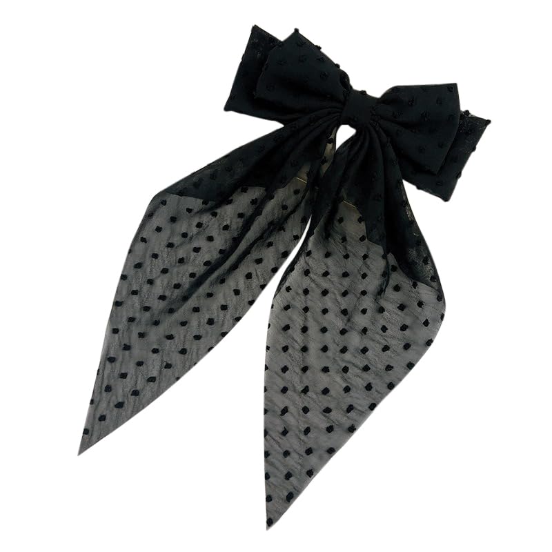 Ling & Bai 8 Inches Large Hair Bow Clip Big Long Tulle Layered Bows Barrettes Hair Accessories for Women Girls Teens (Black)