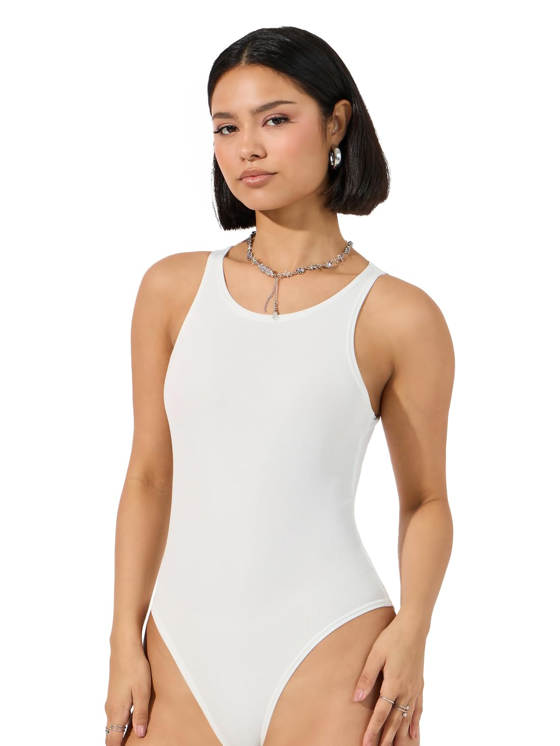 Women Solid Ribbed Knit Fitted Round Neck Bodysuit Round Neck Sleeveless Smart Casual, White, XS