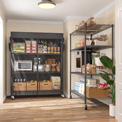 REIBII 4-Tier Storage Shelves Wire Shelving Unit with Cover & Wheels, Heavy Duty Metal Shelving for Garage Storage Rack Commercial Shelf, 36