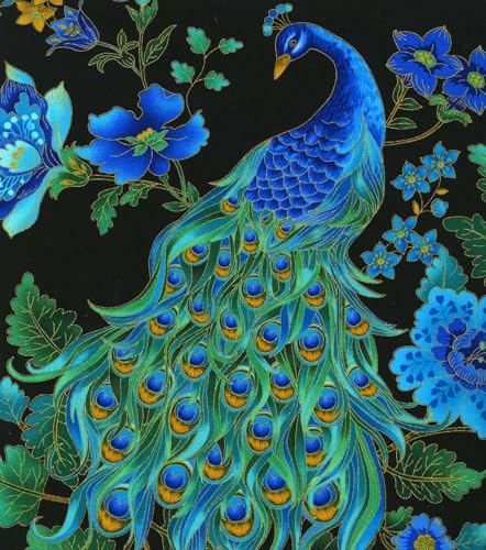 Cotton Peacock Feathers Flowers Metallic Plume Cotton Fabric Print by The Yard (plume-cm8662)