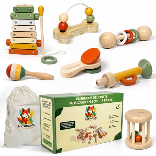 natureludo Instruments de Musique Enfant - Jouet Enfant 3 Ans en Bois - Xylophone Bebe Maracas - Set 7 Pieces avec Rangement - eveil Musical et Montessori pour...