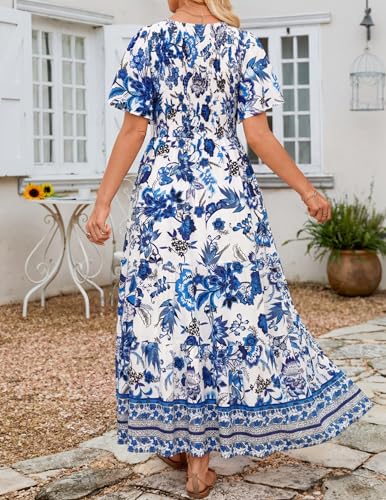 Image of ZESICA Women's 2026 Summer Boho Floral Maxi Dresses Casual Short Flutter Sleeve Smocked Tiered Flowy Dress