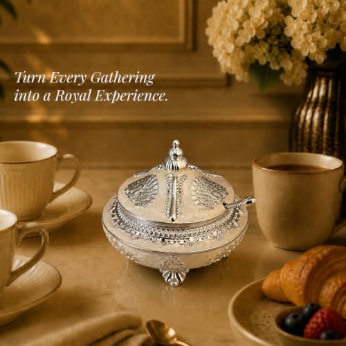 Image of Diviniti Silver Plated Peacock Sugar Pot with Lid | Decorative Storage Jar for Sugar, Mouth Fresheners & Small Items | Luxury Home Decor Piece for Kitchen, Dining Table & Gifting (White Finish)