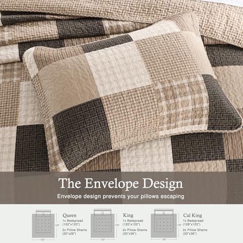 Image of 100% Cotton Oversized King Bedspread 120x120, Brown Oatmeal Plaid | Extra-Wide Coverage, Reversible 3-Piece Bedding Set, Fits Thick Mattresses, Lightweight All-Season Comfort, Modern Farmhouse