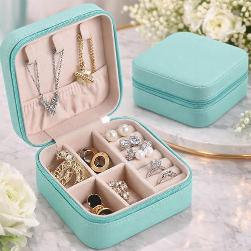 Image of Small Travel Jewellery Organiser Box, PU Leather, Pink, Portable Mini Square Case with Zipper and Dividers for Rings, Earrings, Necklaces, 10x10x5 cm (GREEN)