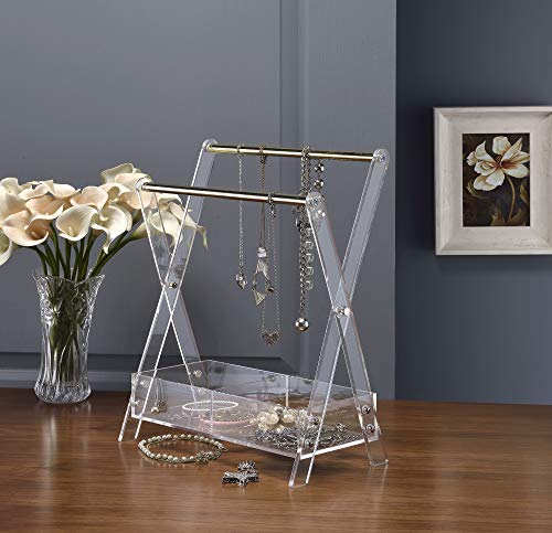 Qgoods Clear Acrylic Plastic Hand Crafted Customized X-Design Gold Metal Bar Jewelry Display Stand Organizer With 2 Sectioned Storage Tray #TOP3