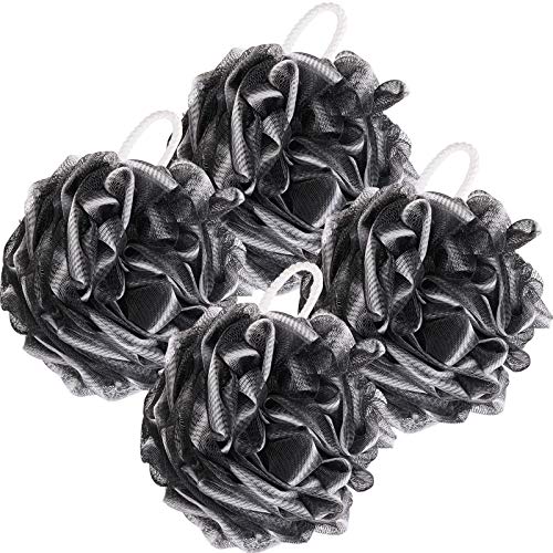 Tecbeauty 4 Pcs Shower Loofahs Bath Sponge Pouf Balls Set for Women and Men Bathing Body Exfoliating,Black, Large