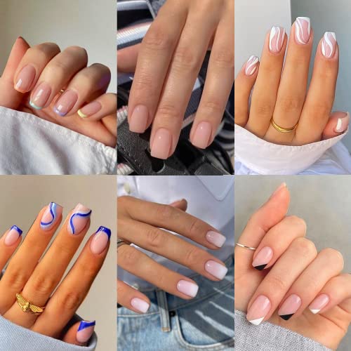 6 Sets Press on Nails Short Square,KXAMELIE Short Fake Nails With Nail Glue,Swirls Solid Ombre Colorful French Tips Design Glue on Nails for Women Girls,144 pcs