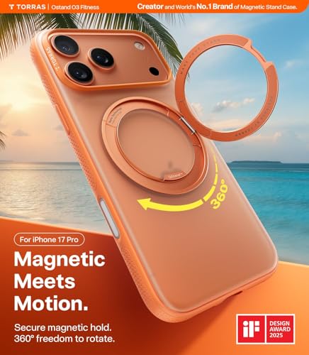 Image of TORRAS 360 Magnetic Stand for iPhone 17 Pro Case, [Fit for MagSafe] [Rotatable Ring Kickstand] [4X Mil-Grade Shockproof] Slim Phone Cover, Camera Button, Cosmic Orange, Translucent, Ostand O3 Fitness