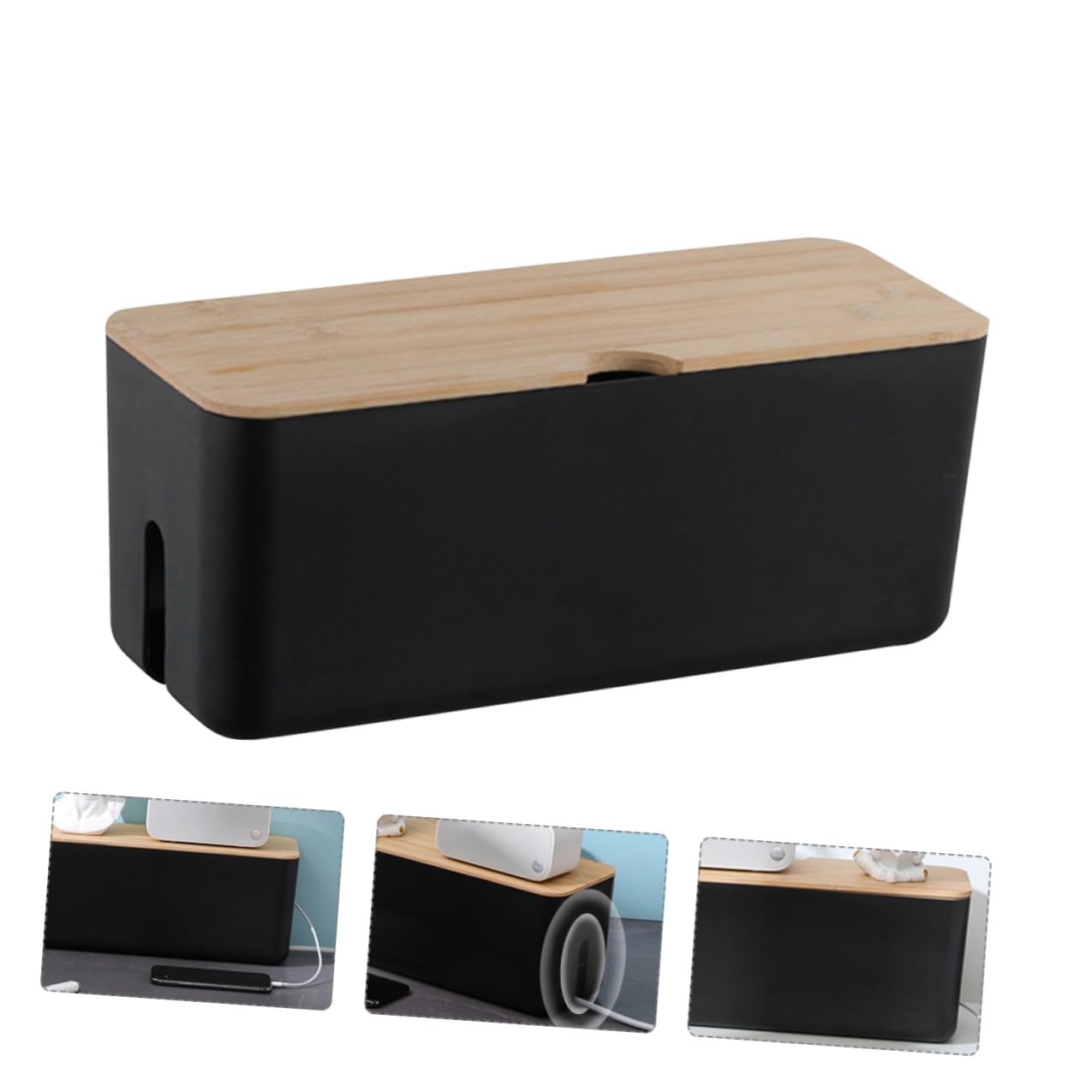 POPETPOP Kabelbox mit Bambusdeckel Kunststoff Kabel Organizer Aufbewahrungsbox Kabelhalter für Ladegerät Stromkabel Wandmontage Kabelmanagement Schwarz