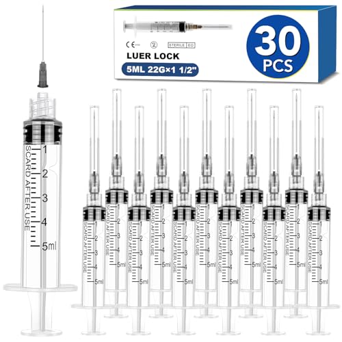 Image of 30 Pack 5ml Syringes with Needle-22Ga 1.5 Inch Needle with Luer Lock, Individually Sealed Packaging