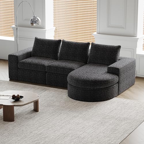 Sofá esquinero moderno de 3 plazas en forma de L para salón, apartamento, 251 × 160 × 81 cm, chaise longue curvado, material chenilla, sin marco, no requiere instalación (negro)
