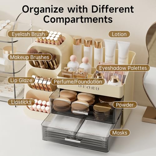 Image of UFORU Makeup Organizer for Vanity with Brush Holder, Large Capacity Bathroom Countertop Skincare Organizer with 2 Drawers, Cosmetic Display Case for Perfumes, Eyeshadow Palettes, Nail Polishes