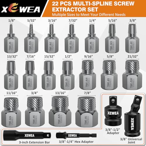Image of XEWEA 22PCS 3 /8 inch Drive Screw Extractor Set, Bolt Remover Kit | Multi-Spline Easy Out for Stripped Broken Bolts, Nuts & Screws, Heavy-Duty CR-MO Extraction Tools with Extension & Adapter