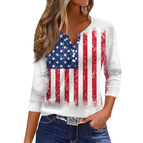 Image of 4th of July Shirts Women 3 /4 Length Sleeve Womens Tops Henley Neck Casual Patriotic T Shirts