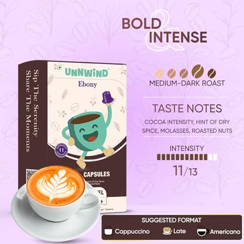 Image of UNNWIND Coffee Pods & Capsules Variety | Aluminium Capsules Compatible with Nespresso Original Line | Dark to Medium Dark Roast | Intensity 7-9 | 10 Pods per Pack (Ebony)