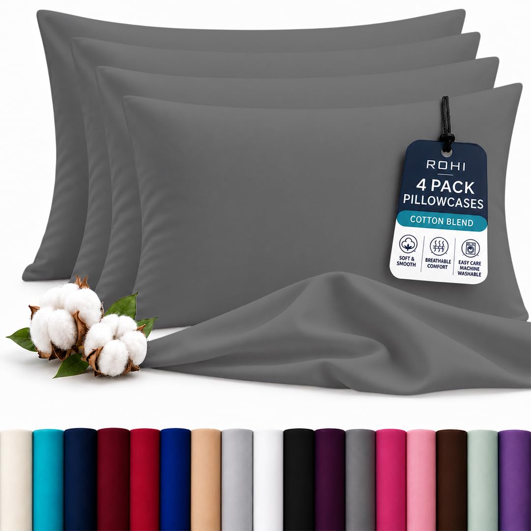Rohi Luxury Grey Pillow Cases 4 Pack - (50×75cm) | Soft & Comfy Cotton Blend Pillow Covers with Envelope Closure | Breathable, Anti-Allergy, Fade & Wrinkle Resistant