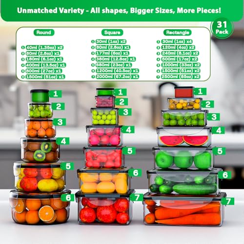 62 Pcs Large Food Storage Containers with Lids Airtight,Total 656OZ(31 Containers &31 Lids), Reusable BPA-Free Plastic Food Container for Kitchen Organization, Leakproof Meal-Prep Containers for Lunch - Image 3
