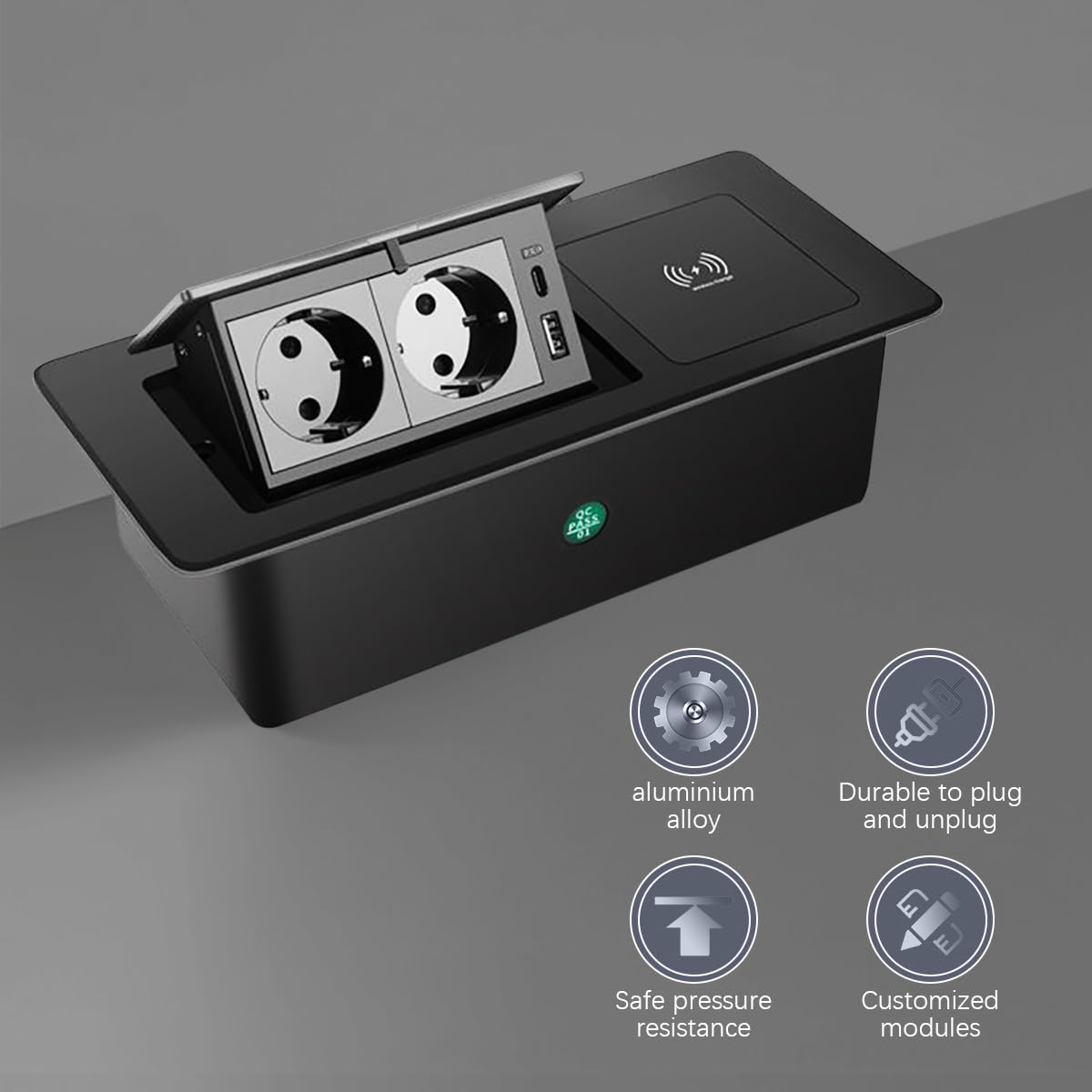 PopUp stekkerdoos 1x stopcontact USB A-C lader, zwart