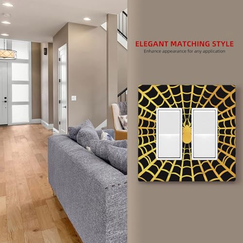 Decorative Outlet Covers Black Background with Golden Spiderweb Spider 2 Gang Light Switch Cover Plate Double Rocker Wall Plate Switch Plate Covers for Bedroom Decor