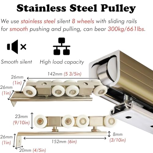 Kit de Herrajes para Puerta Corredera de Bolsillo de Aluminio 3ft 8ft 10ft 12ft 13ft, Sistema Comercial de Seguimiento para Puerta Granero, Riel para Puerta de Armario para 2 a 4 Puertas con Polea de Acero Inoxidable (Marrón, 100cm/3.3ft/39.4in) miniatura 3