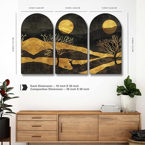 Image of Livin'luxe Golden Moonlight Landscape Wall Art - 3 Panel Modern Painting | Black & Gold Night Scene with Deer, Mountains & Trees | Elegant Wall Decor for Living Room, Bedroom, Office