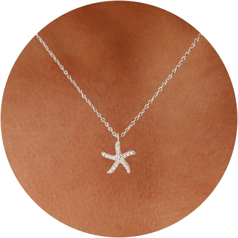 Silver Necklace for Women, 14K White Gold Plated Dainty Infinity Bead Star of David Starfish Sun Hummingbird Butterfly Flower Palm Tree Plane Sunflower Pendant Necklaces Simple Jewelry