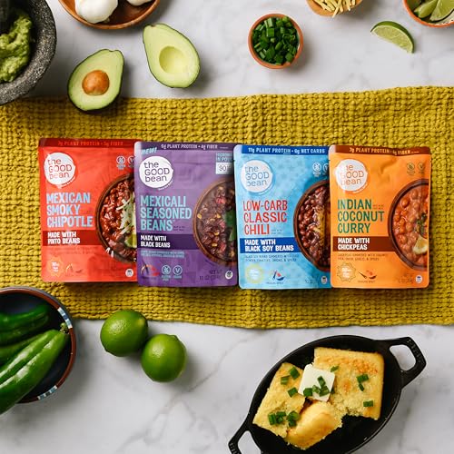 Image of The Good Bean Heat and Eat Pouch - Variety Pack - (Pack of 4) 10 oz Pouch - Mexican Smoky Chipotle, Low-Carb Classic Chili, Mexicali Seasoned Beans, and Indian Coconut Curry