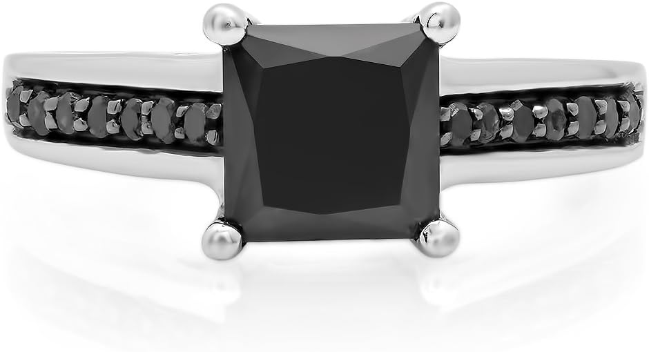 Dazzlingrock Collection 1.60 Carat (Cttw) 14K Princess & Round Black Diamond Women Solitaire With Accent Engagement Ring, Solid White Gold, Size 5.5