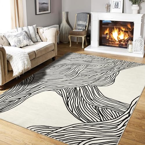 GarveeHome Large Area Rug 10x14 Non Slip Washable Rug Modern Abstract Area Rug for Living Room Soft Indoor Non-Shedding Carpet Low Pile Foldable Thin Rug for Bedroom Nursery Office Ivory/Black