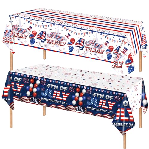 UOUYOO 2 Pack 4th of July Tablecloth 55x109 inch Disposable Plastic Tablecloth American Flag Plastic Table Covers for Patriotic Party Supplies Independence, Memorial, Presidents Day