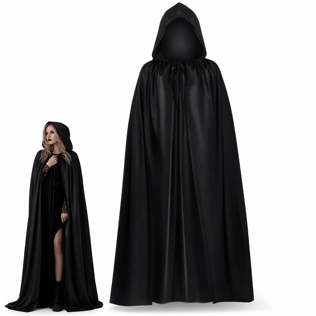 RJFUJP Black Cloak,140cm Hooded Cape for Cosplay and Halloween